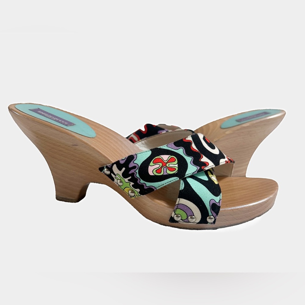 Emilio Pucci Wood and Canvas Mules